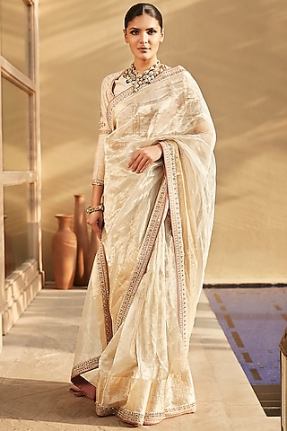 Ivory Hand Embroidered Saree Set by Matsya