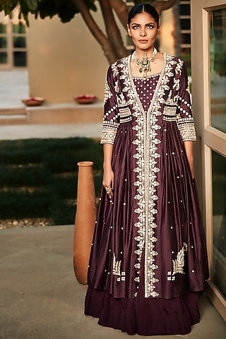 Rusted Wine Hand Embroidered Jacket Lehenga Set by Matsya