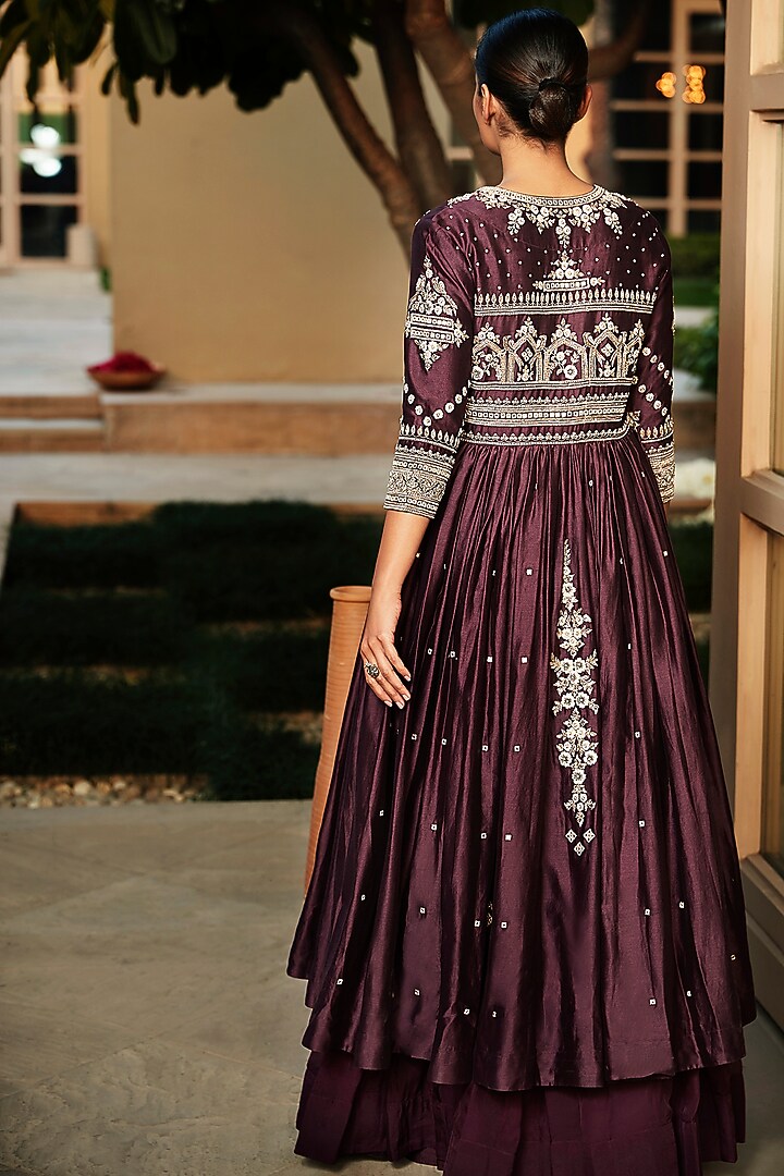Rusted Wine Hand Embroidered Jacket Wedding Lehenga Set by Matsya at Pernia's Pop Up Shop