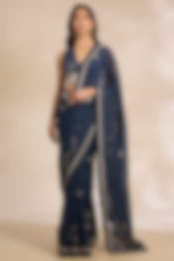 Blue Tissue Silk Thread Embroidered Wedding Saree Set by Matsya at Pernia's Pop Up Shop