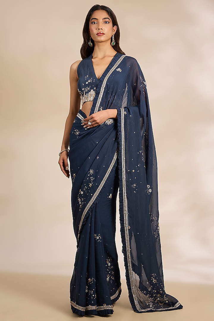 Blue Tissue Silk Thread Embroidered Wedding Saree Set by Matsya at Pernia's Pop Up Shop