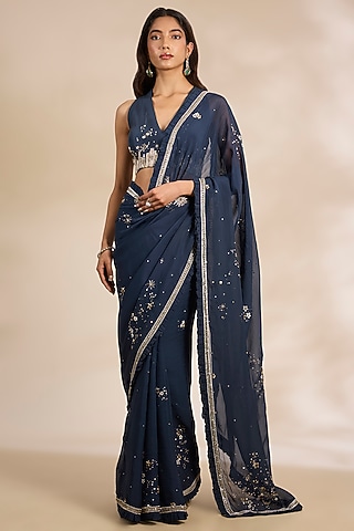 Blue Tissue Silk Thread Embroidered Saree Set by Matsya