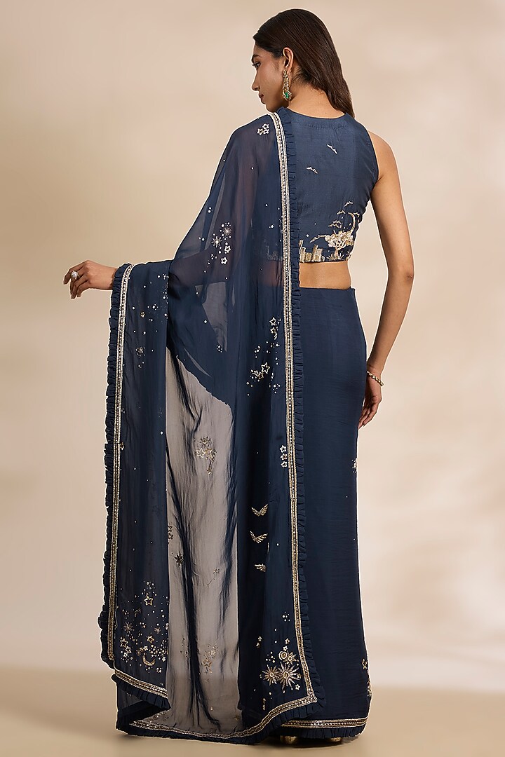 Blue Tissue Silk Thread Embroidered Wedding Saree Set by Matsya at Pernia's Pop Up Shop