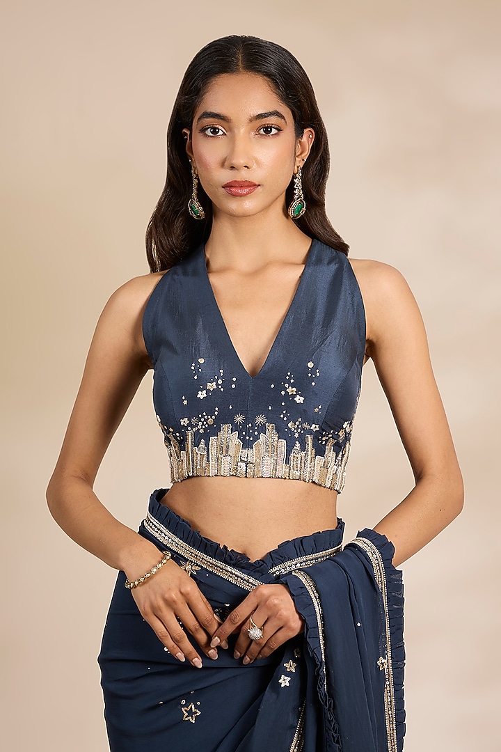 Blue Tissue Silk Thread Embroidered Wedding Saree Set by Matsya at Pernia's Pop Up Shop