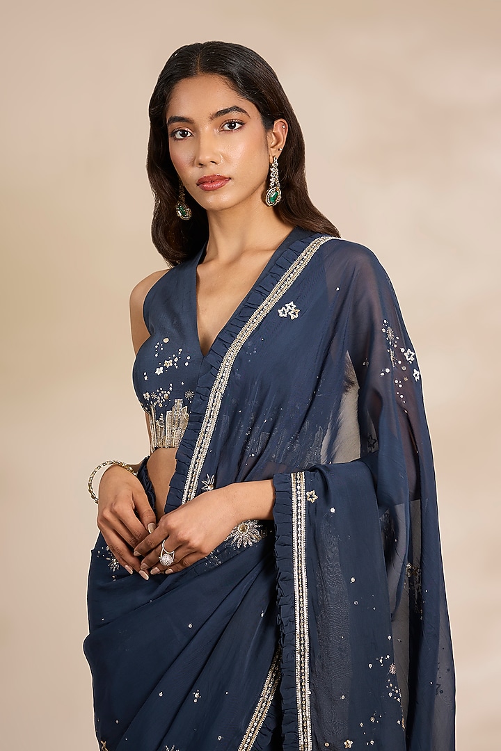 Blue Tissue Silk Thread Embroidered Wedding Saree Set by Matsya at Pernia's Pop Up Shop