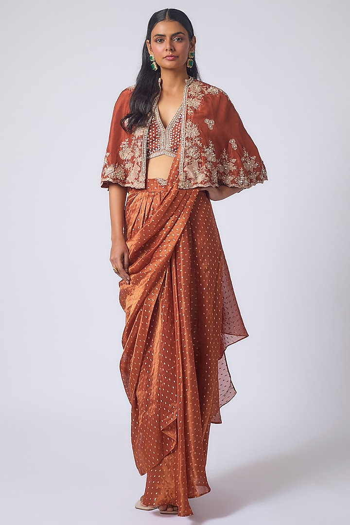 Mouse Chanderi Dori Embroidered Jacket Draped Wedding Saree Set by Matsya at Pernia's Pop Up Shop