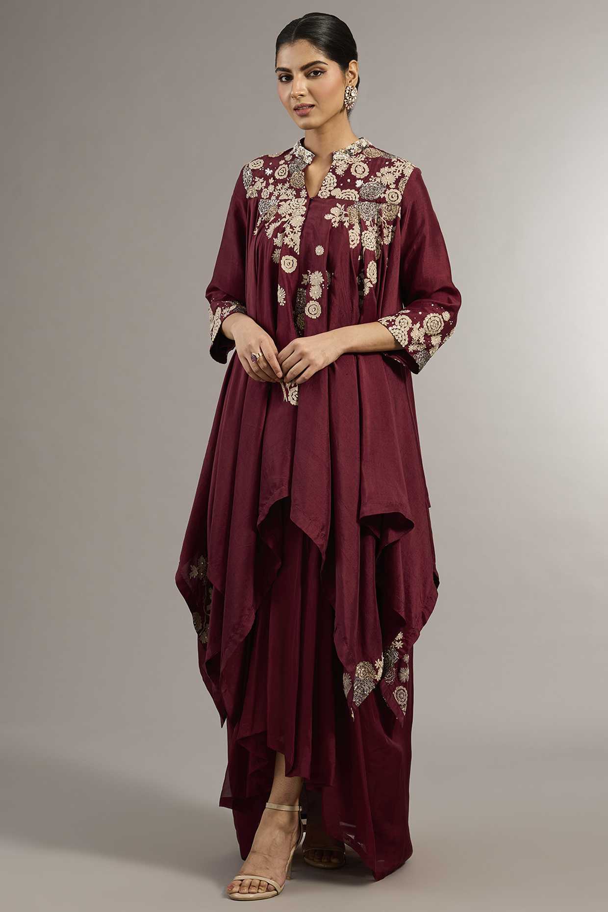 Red Chanderi Aari Embroidered Kurta Set by Matsya at Pernia's Pop Up Shop