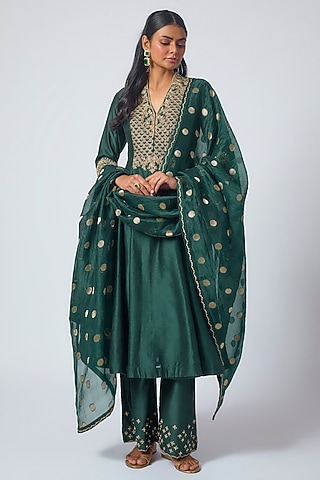 Bottle Green Chanderi Silk Resham Embroidered Kurta Set by Matsya