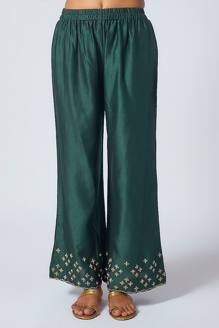 Bottle Green Chanderi Silk Resham Embroidered Kurta Set by Matsya at Pernia's Pop Up Shop