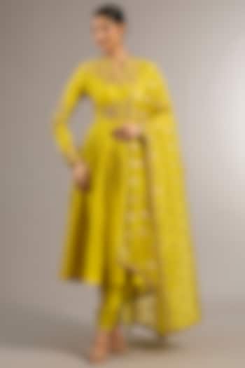 Yellow Chanderi Silk Hand Embroidered Wedding Anarkali Set by Matsya at Pernia's Pop Up Shop