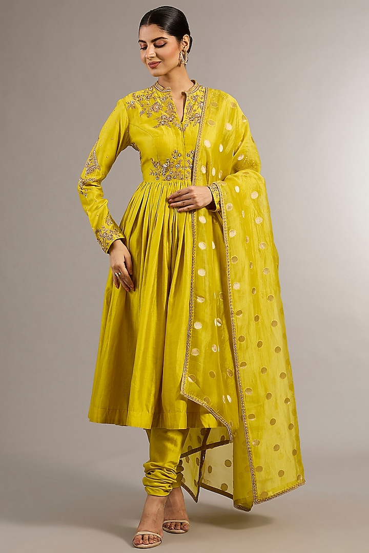 Yellow Chanderi Silk Hand Embroidered Wedding Anarkali Set by Matsya at Pernia's Pop Up Shop