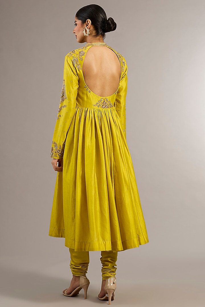 Yellow Chanderi Silk Hand Embroidered Wedding Anarkali Set by Matsya at Pernia's Pop Up Shop