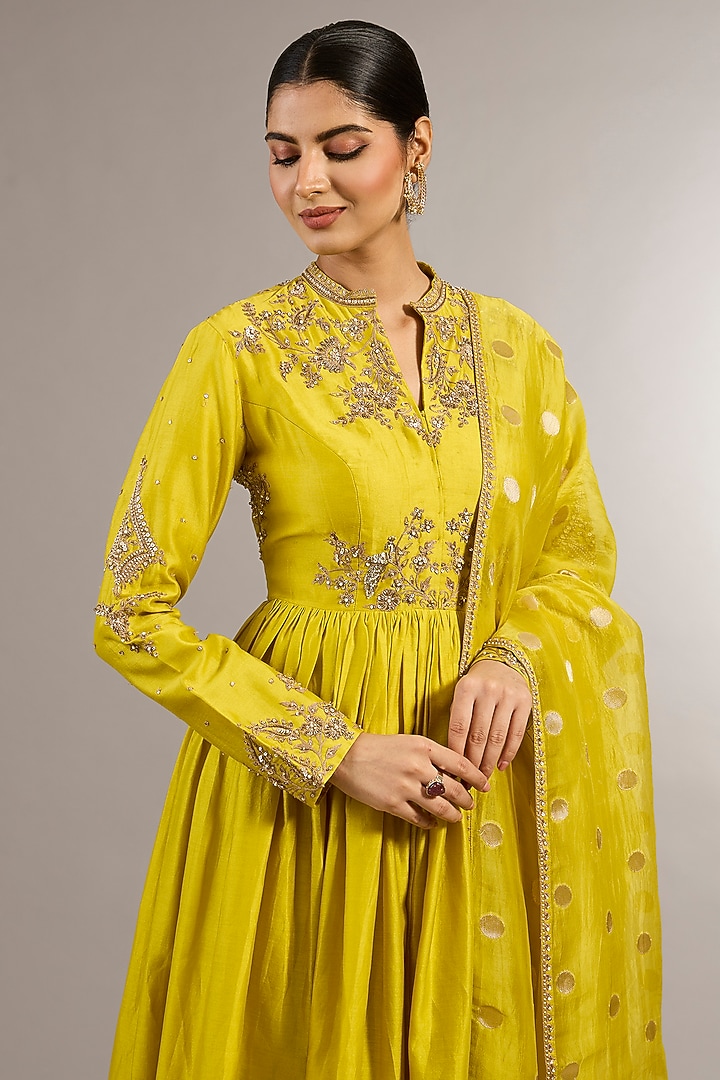 Yellow Chanderi Silk Hand Embroidered Wedding Anarkali Set by Matsya at Pernia's Pop Up Shop