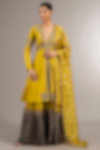 Yellow Chanderi Silk Hand Embroidered Short Wedding Anarkali Set by Matsya at Pernia's Pop Up Shop