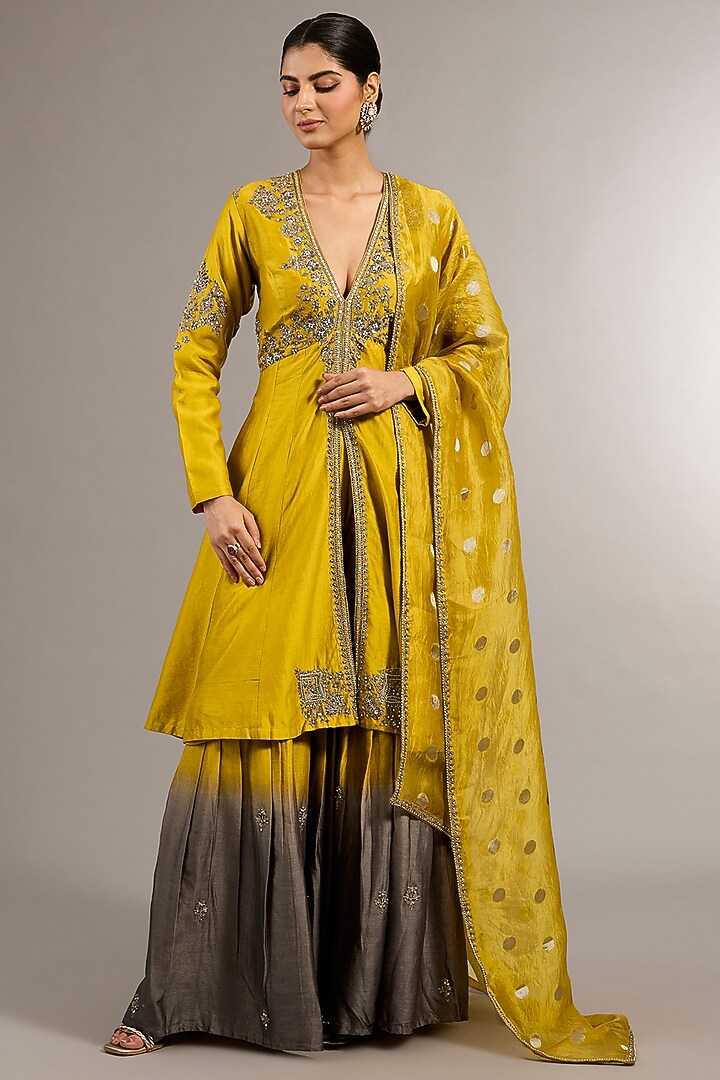 Yellow Chanderi Silk Hand Embroidered Short Wedding Anarkali Set by Matsya at Pernia's Pop Up Shop