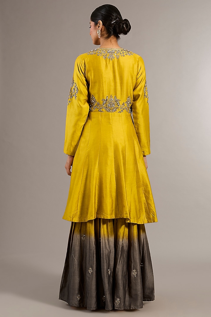 Yellow Chanderi Silk Hand Embroidered Short Wedding Anarkali Set by Matsya at Pernia's Pop Up Shop