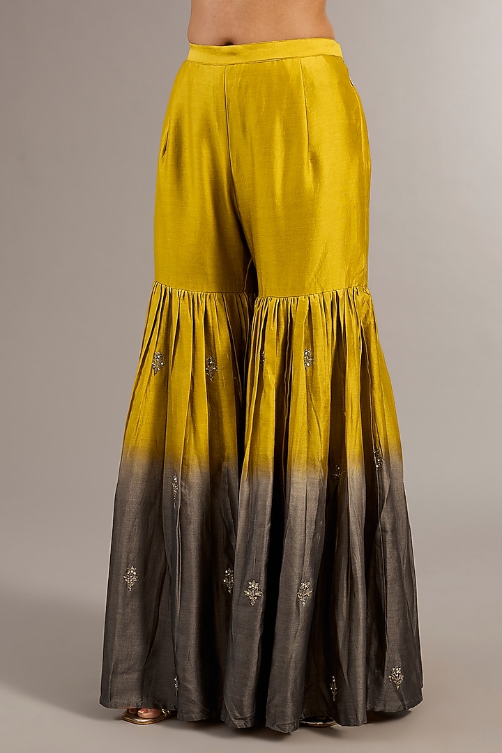 Yellow Chanderi Silk Hand Embroidered Short Wedding Anarkali Set by Matsya at Pernia's Pop Up Shop