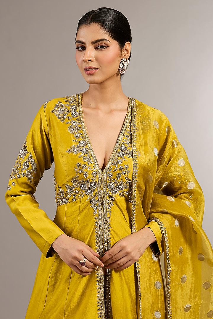 Yellow Chanderi Silk Hand Embroidered Short Wedding Anarkali Set by Matsya at Pernia's Pop Up Shop