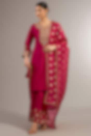 Rani Pink Chanderi Silk Hand Embroidered Kurta Set by Matsya at Pernia's Pop Up Shop