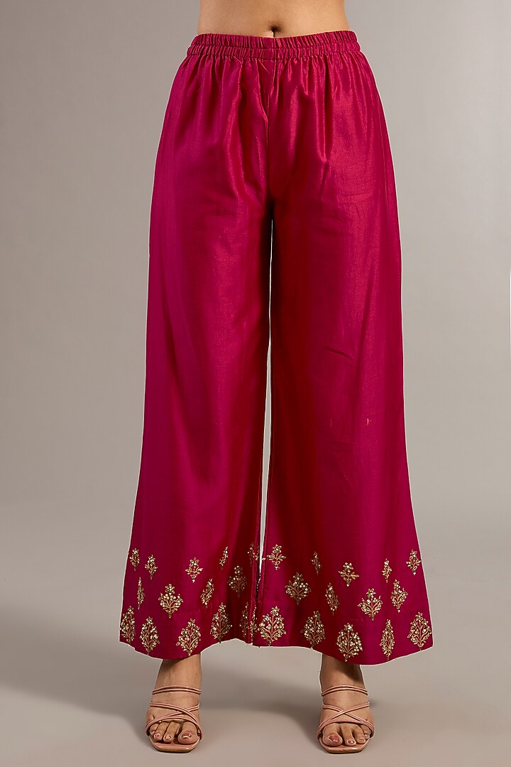 Rani Pink Chanderi Silk Hand Embroidered Kurta Set by Matsya at Pernia's Pop Up Shop