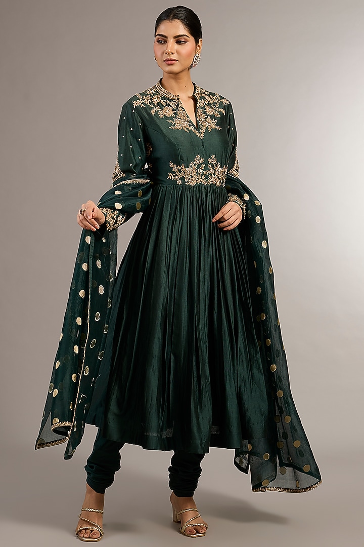 Bottle Green Chanderi Silk Hand Embroidered Wedding Anarkali Set by Matsya at Pernia's Pop Up Shop
