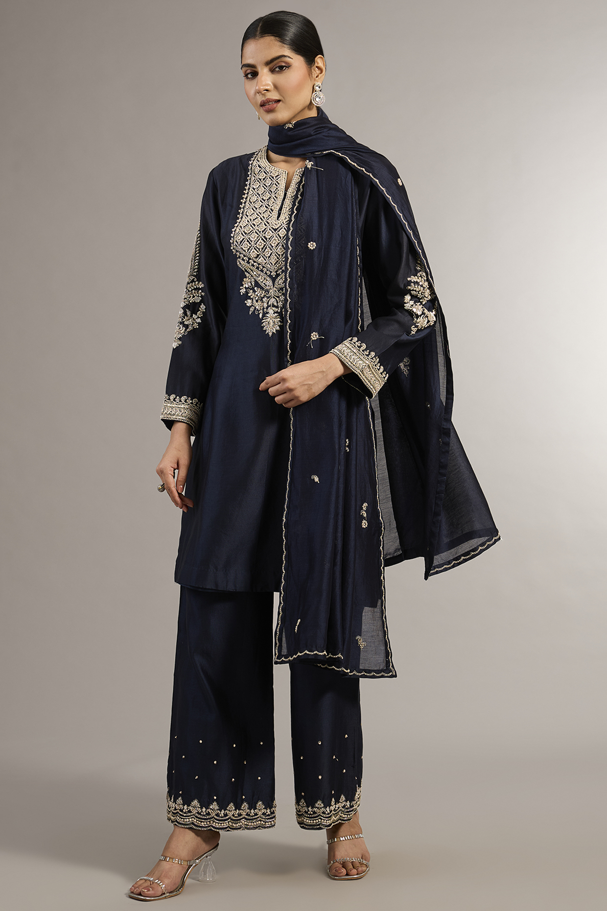 Navy Blue Chanderi Silk Hand Embroidered Kurta Set by Matsya at Pernia's Pop Up Shop
