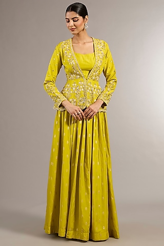 Yellow Chanderi Silk Lehenga Set by Matsya
