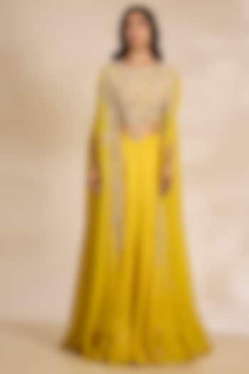 Turmeric Organza Hand Embroidered Cape Set by Matsya at Pernia's Pop Up Shop