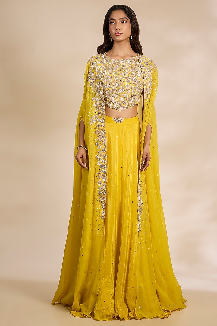 Turmeric Organza Hand Embroidered Cape Set by Matsya at Pernia's Pop Up Shop