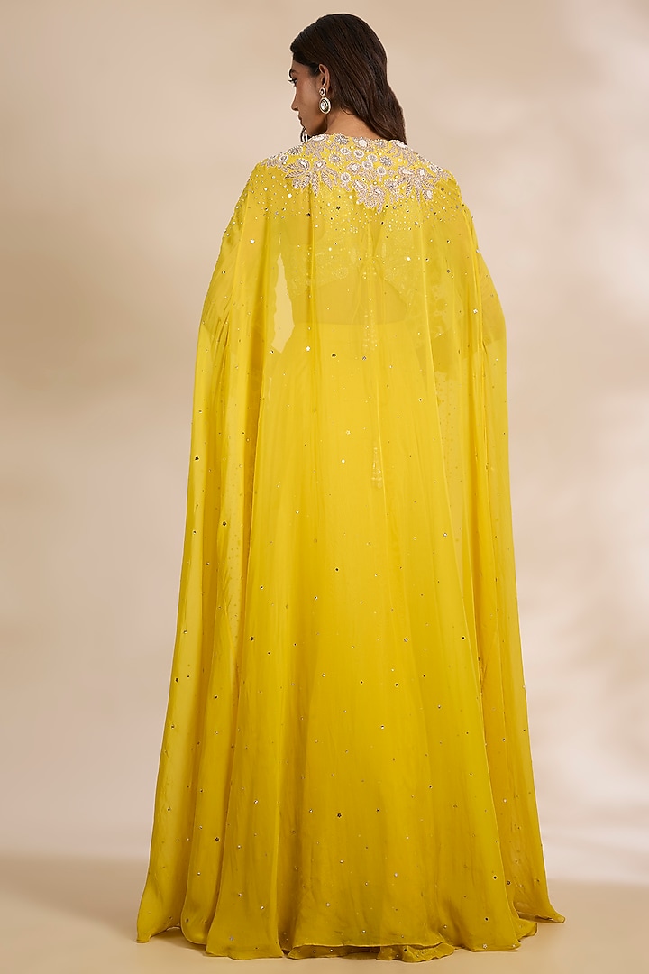 Turmeric Organza Hand Embroidered Cape Set by Matsya at Pernia's Pop Up Shop