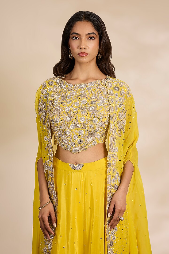 Turmeric Organza Hand Embroidered Cape Set by Matsya at Pernia's Pop Up Shop