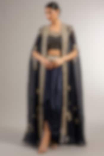 Navy Blue Soft Georgette Organza Zardosi Embroidered Cape Set by Matsya at Pernia's Pop Up Shop