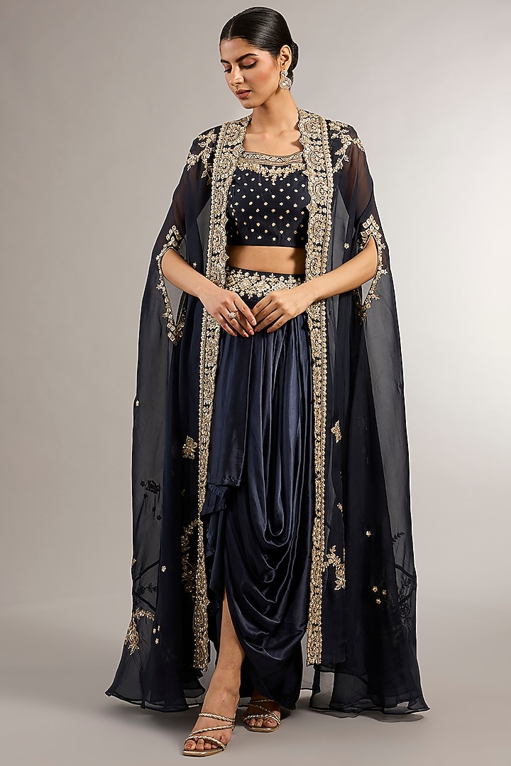 Navy Blue Soft Georgette Organza Zardosi Embroidered Cape Set by Matsya at Pernia's Pop Up Shop