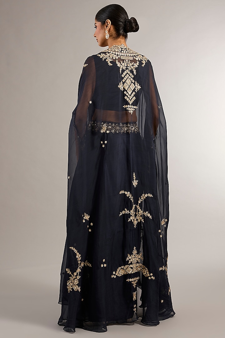Navy Blue Soft Georgette Organza Zardosi Embroidered Cape Set by Matsya at Pernia's Pop Up Shop