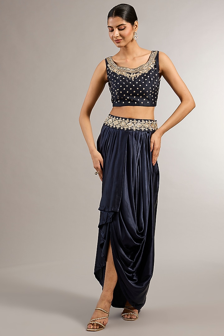 Navy Blue Soft Georgette Organza Zardosi Embroidered Cape Set by Matsya at Pernia's Pop Up Shop