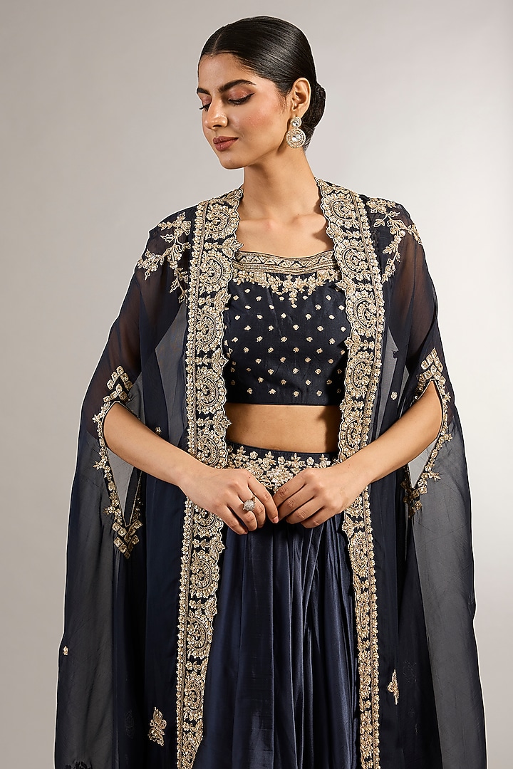 Navy Blue Soft Georgette Organza Zardosi Embroidered Cape Set by Matsya at Pernia's Pop Up Shop