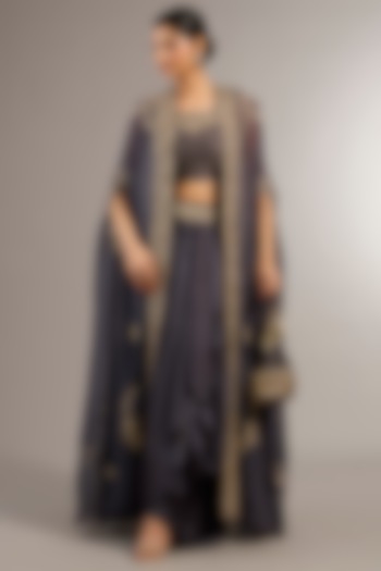 Grey Soft Georgette Organza Zardosi Embroidered Cape Set by Matsya at Pernia's Pop Up Shop