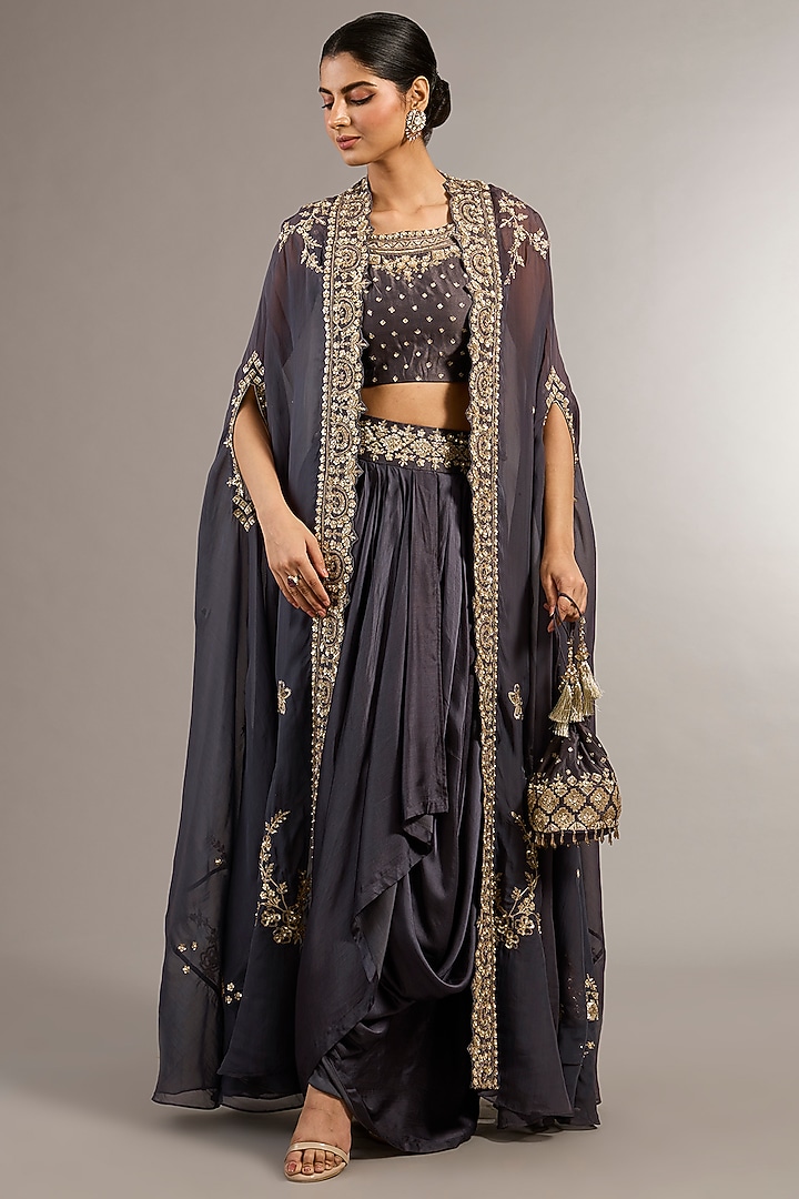 Grey Soft Georgette Organza Zardosi Embroidered Cape Set by Matsya at Pernia's Pop Up Shop