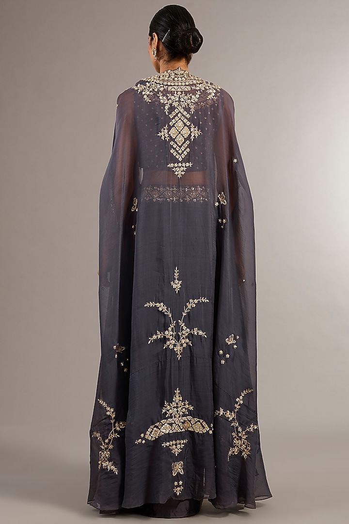 Grey Soft Georgette Organza Zardosi Embroidered Cape Set by Matsya at Pernia's Pop Up Shop
