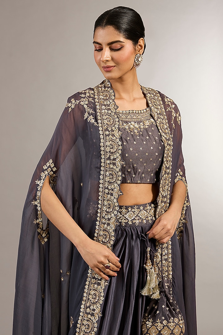 Grey Soft Georgette Organza Zardosi Embroidered Cape Set by Matsya at Pernia's Pop Up Shop