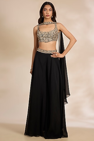 Black Silk Zari Embroidered Lehenga Set by Matsya