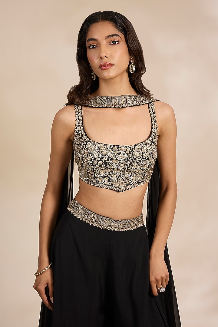 Black Silk Zari Embroidered Wedding Lehenga Set by Matsya at Pernia's Pop Up Shop