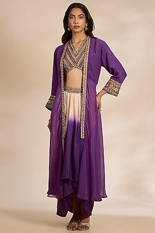 Purple Silk Sequins Embroidered Cape Set by Matsya