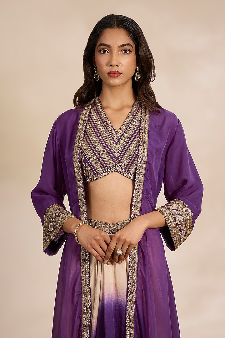 Purple Silk Sequins Embroidered Cape Set by Matsya at Pernia's Pop Up Shop