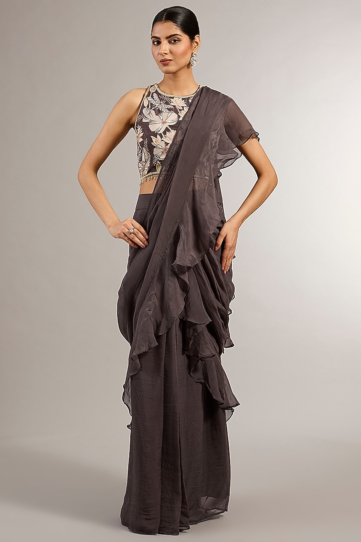 Grey Luxe Organza Ruffled Wedding Saree Set by Matsya at Pernia's Pop Up Shop