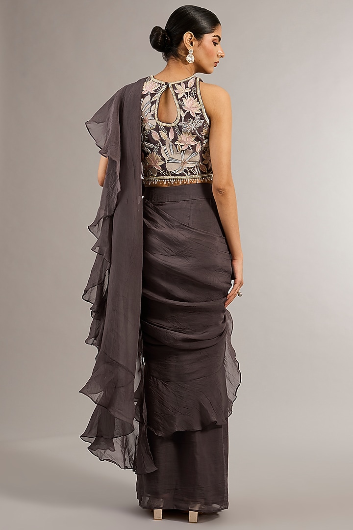 Grey Luxe Organza Ruffled Wedding Saree Set by Matsya at Pernia's Pop Up Shop