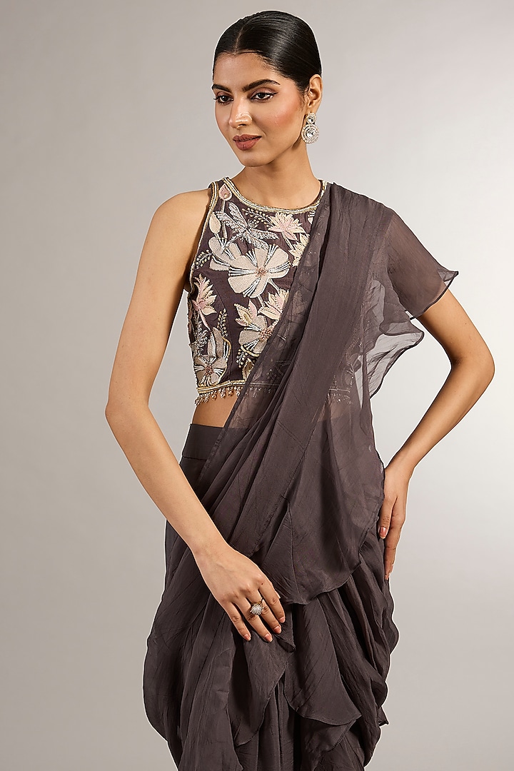 Grey Luxe Organza Ruffled Wedding Saree Set by Matsya at Pernia's Pop Up Shop