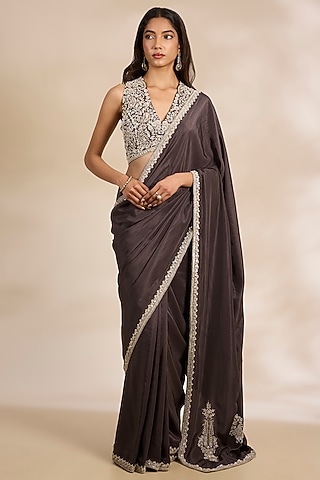 Brown Tissue Silk Zari Embroidered Saree Set by Matsya
