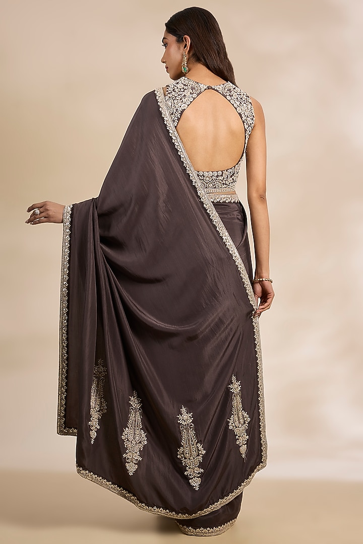 Brown Tissue Silk Zari Embroidered Wedding Saree Set by Matsya at Pernia's Pop Up Shop