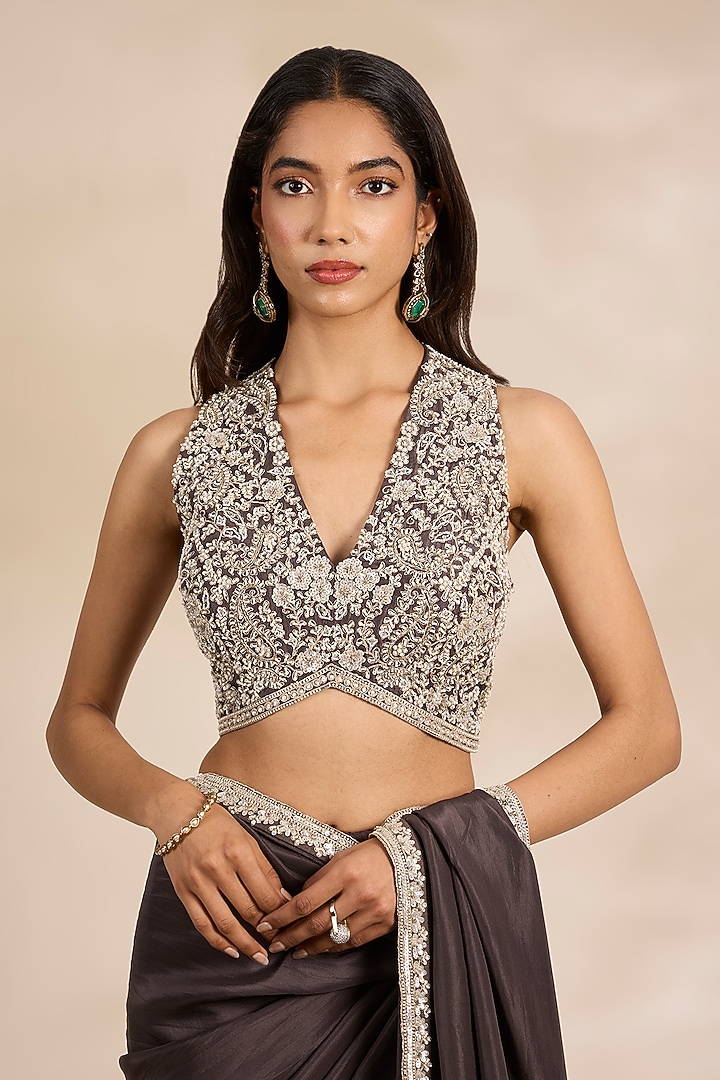 Brown Tissue Silk Zari Embroidered Wedding Saree Set by Matsya at Pernia's Pop Up Shop
